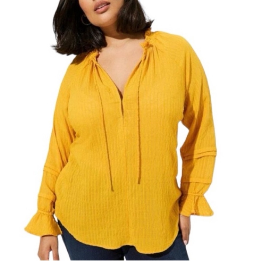 Torrid Striped Gauze Lace Up Peasant Top in Mineral Yellow Plus Size 3Х.